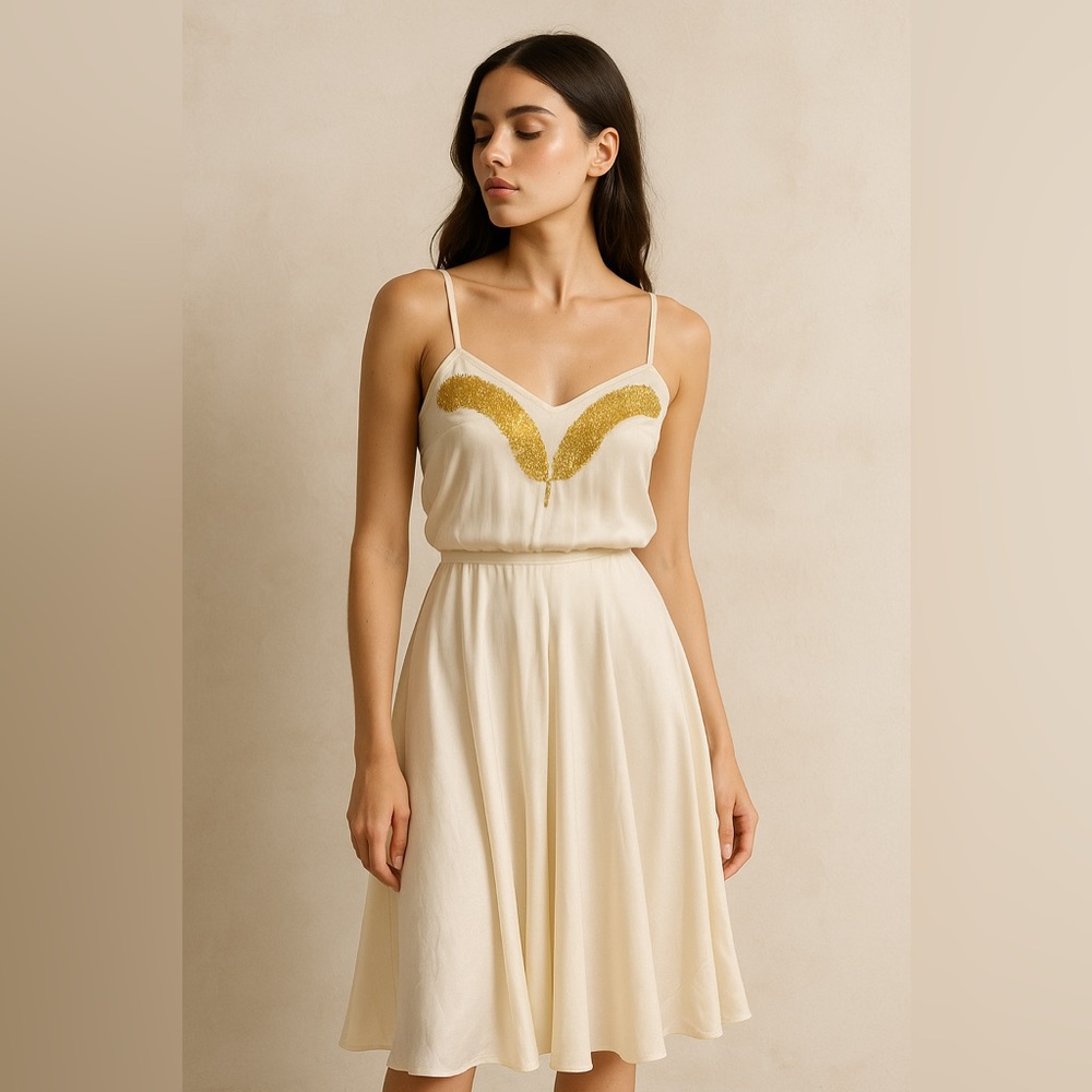 BEYOND VINTAGE Silk Slip Mini Dress Gold Embroidered Feather Ivory White Small